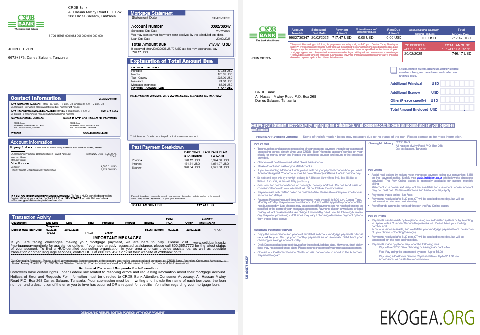 Relevé hypothécaire de la CRDB Bank de Tanzanie aux formats Word et PDF, 3 pages 1 , 2